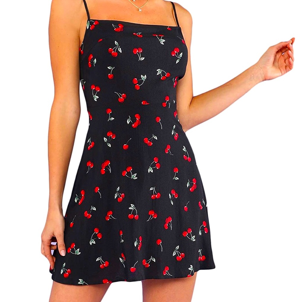 M Black Mini Dress Showered with Red Cherries. Adorable for Spring and Summer!